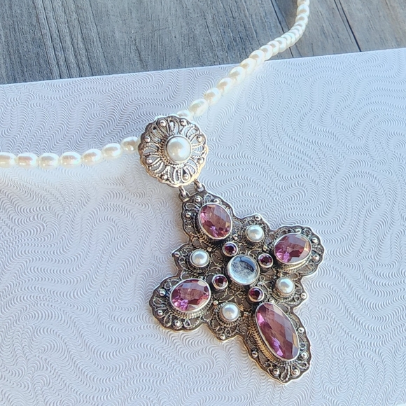 Nicky Butler Sterling Silver Pink Quartz Rhodolite Cross Pendant Pearl Necklace - Picture 7 of 16